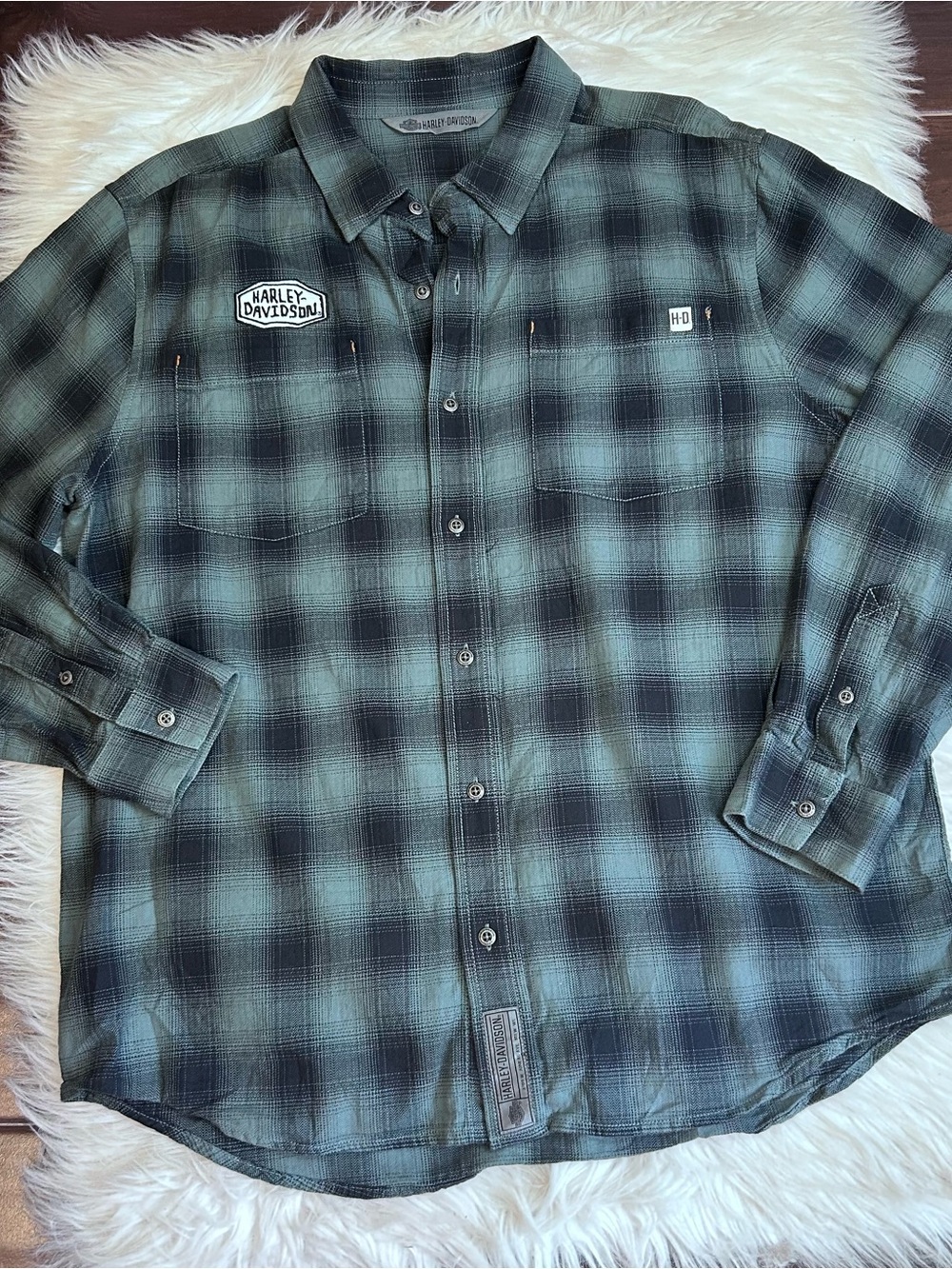 Harley-Davidson Shirt Mens Slim XL Green Plaid Flannel Button Front Logo Classic